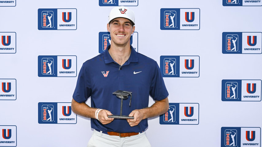 Matthew Riedel of Vanderbilt University smiles with a trophy after finishing fourth in the PGA TOUR University rankings, securing him fully exempt Korn Ferry Tour membership for the remainder of the 2024 season during the NCAA D1 Men’s Golf Championship on the North Course at the Omni La Costa Resort & Spa on May 27, 2024 in Carlsbad, California. (Keyur Khamar/PGA TOUR)