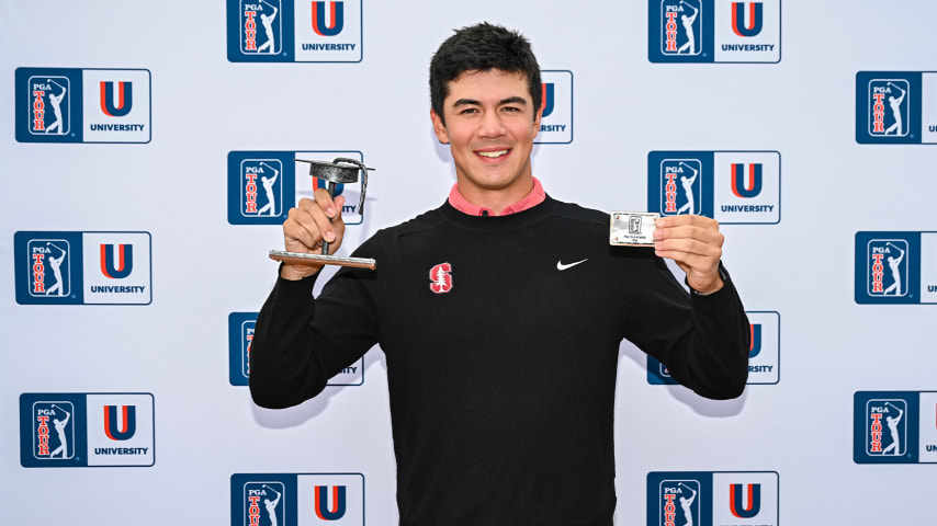 Michael Thorbjornsen, the top ranked PGA TOUR University player, smiles with his PGA TOUR membership card during the NCAA D1 Men’s Golf Championship on the North Course at the Omni La Costa Resort & Spa on May 27, 2024 in Carlsbad, California. (Keyur Khamar/PGA TOUR)