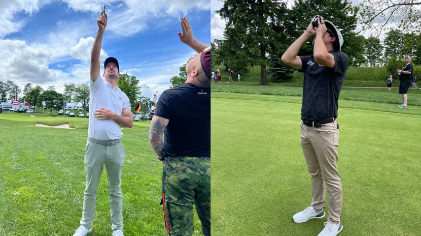 Nick Taylor (left) and Joel Dahmen watching the skydivers above them at Hamilton Golf and Country Club. (Dustin Wallace/PGA TOUR, left; Colin Brown/PGA TOUR, right)