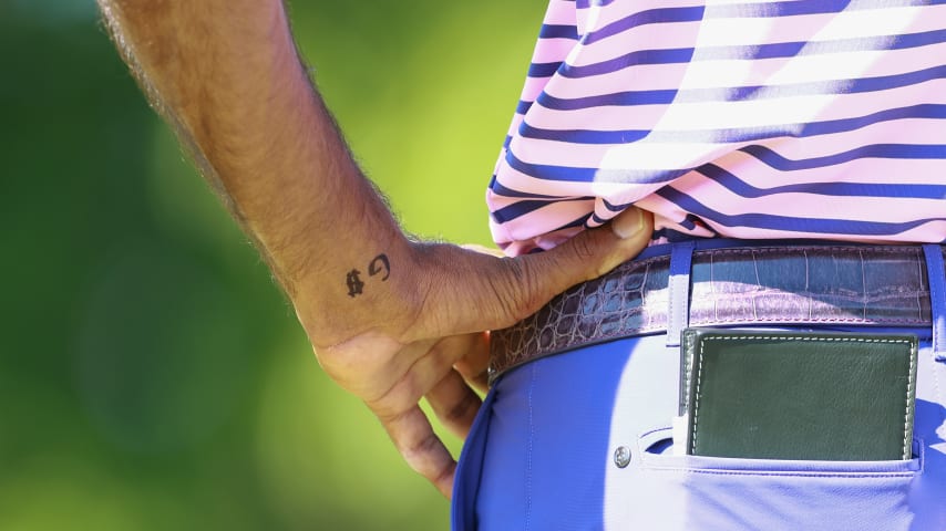 A detailed view of the wrist of Akshay Bhatia seen with a "G$" marking in memory of Grayson Murray as seen during the first round of the RBC Canadian Open. (Vaughn Ridley/Getty Images)