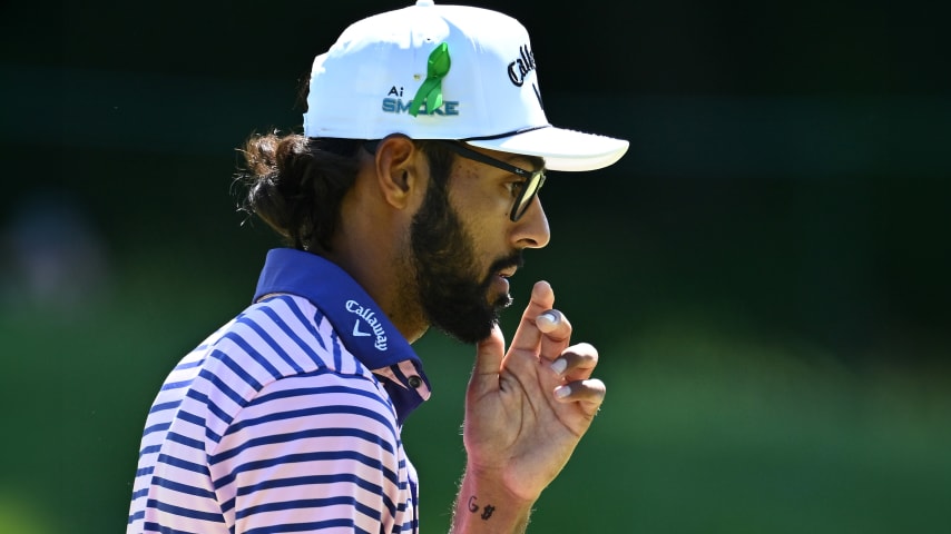 Akshay Bhatia played the first round of the 2024 RBC Canadian Open with G$ on his wrist in memory of Grayson Murray. (Minas Panagiotakis/Getty)