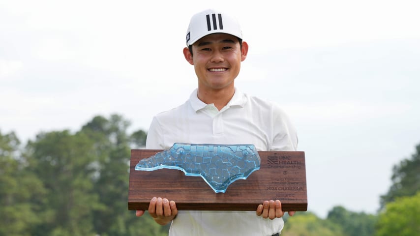 Kaito Onishi holds the trophy after winning the UNC Health Championship presented by STITCH at Raleigh Country Club on June 02, 2024 in Raleigh, North Carolina. (Grant Halverson/Getty Images)