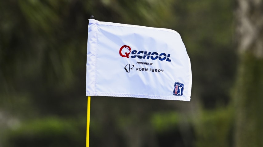 A general view as a pin flag is blown by the wind on the 17th hole during the first round of the PGA TOUR Q-School presented by Korn Ferry tournament on the Dye's Valley Golf Course at TPC Sawgrass on December 14, 2023 in Ponte Vedra Beach, Florida. (Keyur Khamar/PGA TOUR)