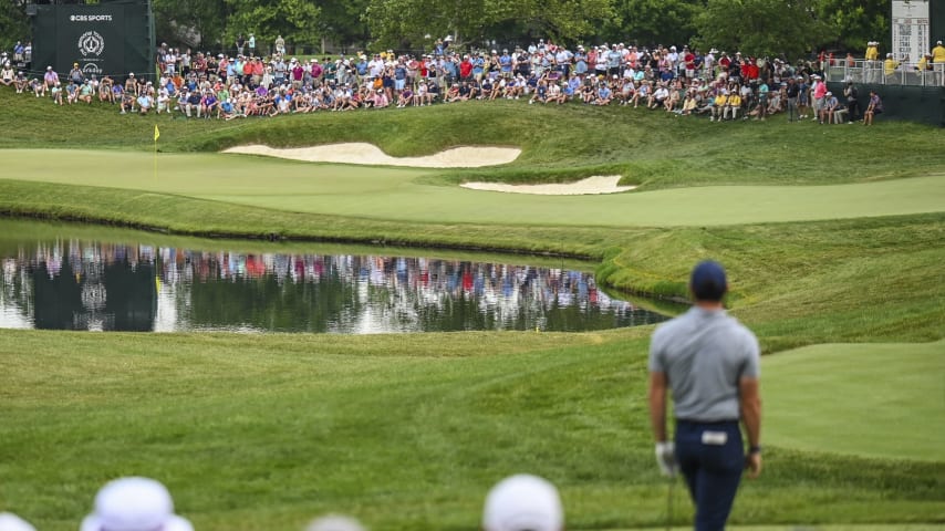 Rory McIlroy plays a shot from the 16th tee at Muirfield Village. (Keyur Khamar/PGA TOUR)