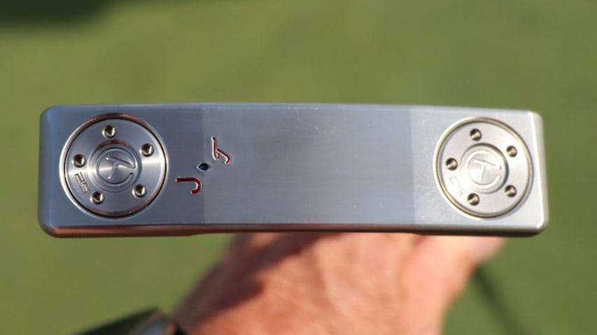 Justin Thomas' new custom Scotty Cameron blade-style putter with initials JT stamped on the sole. (GolfWRX)