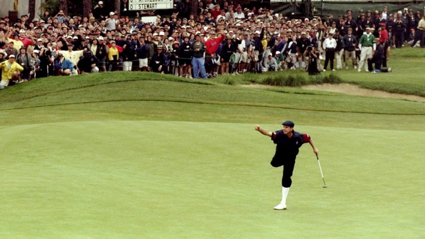 Payne Stewart celebrates victory after sinking his final putt during the last day of the 1999 US Open at Pinehurst No. 2. (Tom Able-Green /Allsport)