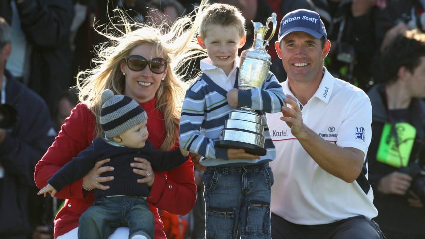 Padraig Harrington celebrates with the Claret Jug with wife Caroline and sons Patrick and Ciaran after winning by four strokes during the final round of the 137th Open Championship in 2008 at Royal Birkdale Golf Club. (David Cannon/Getty)