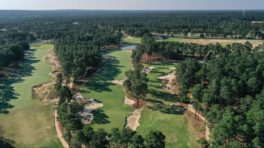 An aerial view of the par-4 eighth hole (L) with the par-4 16th hole (center) and the par-3 17th hole (R) at Pinehurst No. 2. (David Cannon/Getty Images)