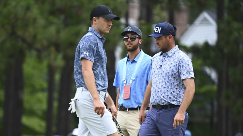 Colin Prater (R) plays a practice round with Jordan Spieth (left) ahead of the 2024 U.S. Open. (Getty Images)