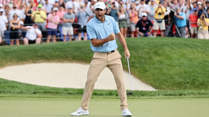 Scottie Scheffler celebrates on the 18th green after winning the Memorial Tournament presented by Workday at Muirfield Village Golf Club. (Andy Lyons/Getty Images)
