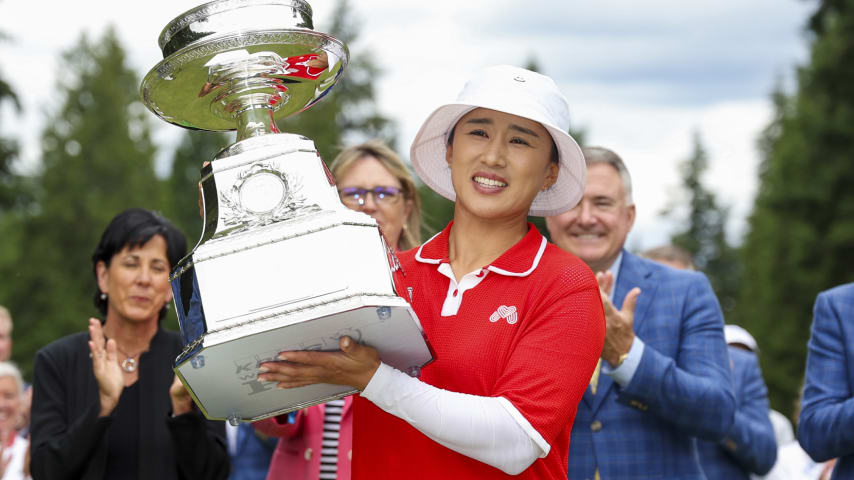 Amy Yang poses with the trophy after winning the 2024 KPMG Women's PGA Championship. (Ezra Shaw/Getty Images)