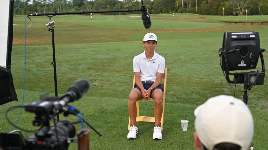 Miles Russell talks during an interview on the driving range at THE PLAYERS Stadium Course at TPC Sawgrass on June 11, 2024, in Ponte Vedra Beach, Florida. (Ben Jared/PGA TOUR)