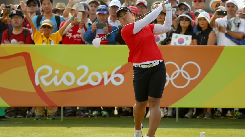 Amy Yang of Korea plays her shot from the first tee during the Women's Golf Final on Day 15 of the Rio 2016 Olympic Games.  (Scott Halleran/Getty Images)