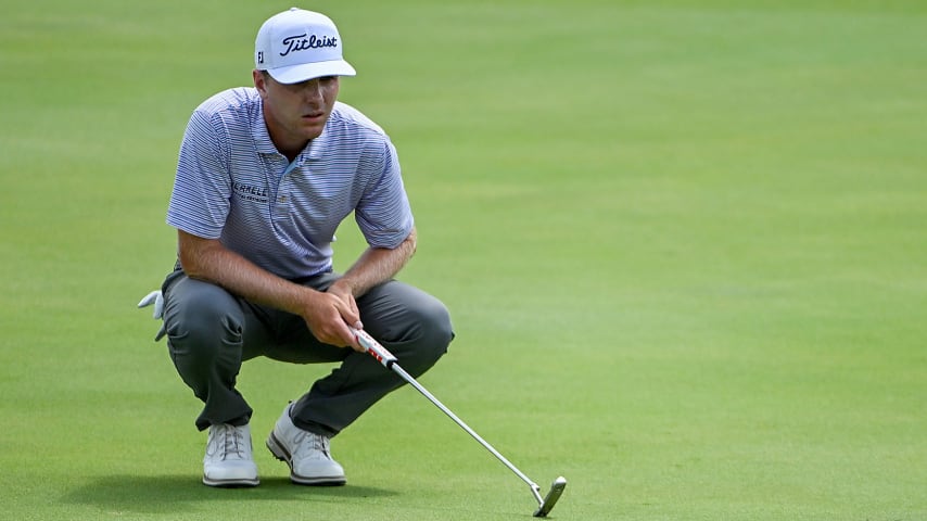 Ryan Gerard lines up his eagle putt on the 16th green during the second round of the Memorial Health Championship presented by LRS. (Jeff Curry/Getty Images)