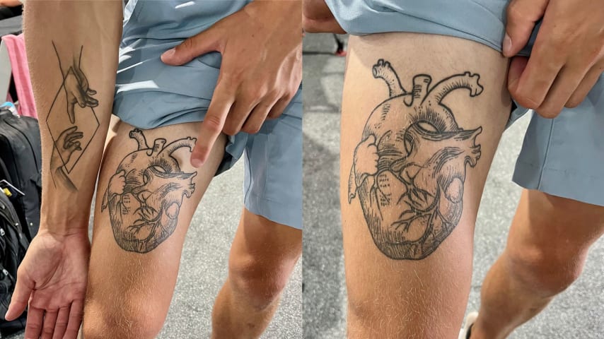 A look at Parker's tattoos on his right thigh and right forearm representing the story of life and his heart. (Courtesy Heidi Miklos)