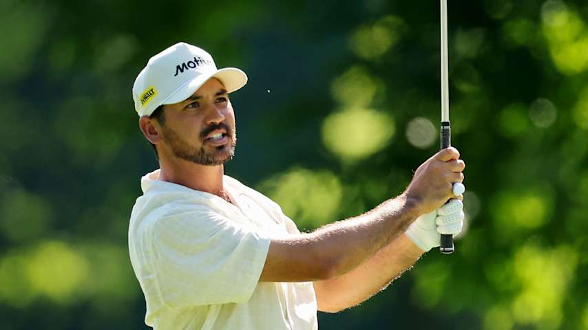 SILVIS, ILLINOIS - JULY 03: Jason Day of Australia plays his shot on the 18th hole during a practice round prior to the John Deere Classic at TPC Deere Run on July 03, 2024 in Silvis, Illinois. (Photo by Stacy Revere/Getty Images)