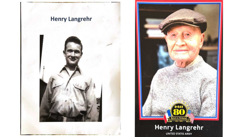 Pictures of Henry Langrehr during his time in the United States Army as well as a current photo as part of the 80th anniversary of D-Day. (Credit Kay Schneider)