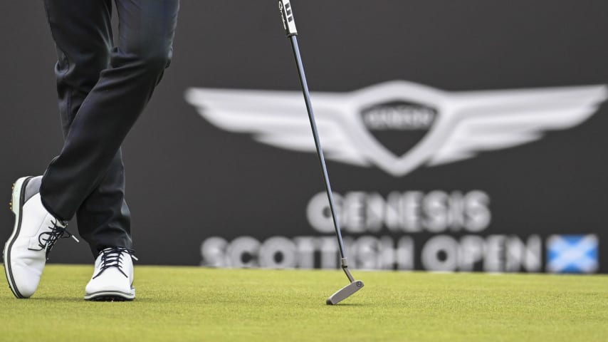 Justin Thomas with his putter on the 18th hole green during the first round of the Genesis Scottish Open at The Renaissance Club. (Keyur Khamar/PGA TOUR)