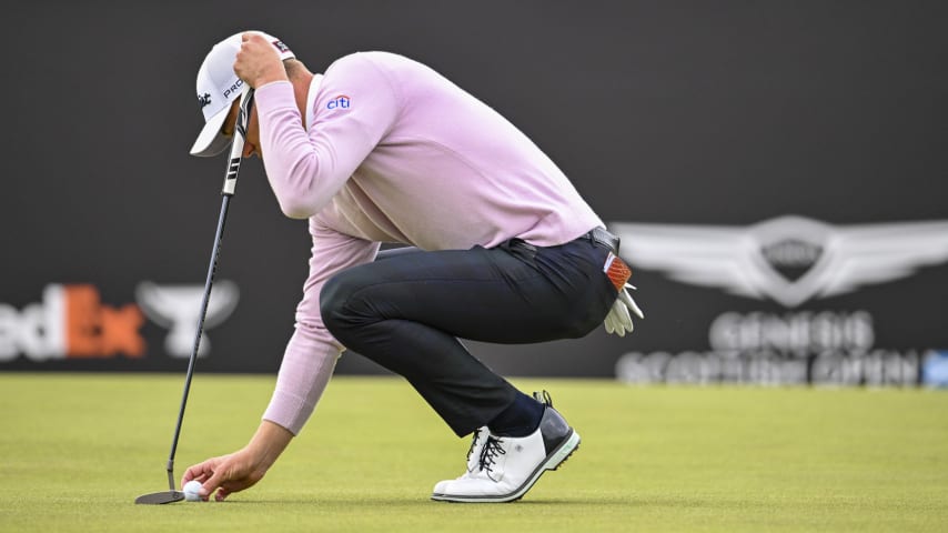 Justin Thomas lining up his putt on the 18th hole green during the first round of the Genesis Scottish Open at The Renaissance Club. (Keyur Khamar/PGA TOUR via Getty Images)