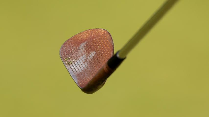 Detail picture of Tiger Woods' rusty TaylorMade MG4 wedge ahead of The Open at Royal Troon. (Kevin C. Cox/Getty Images)