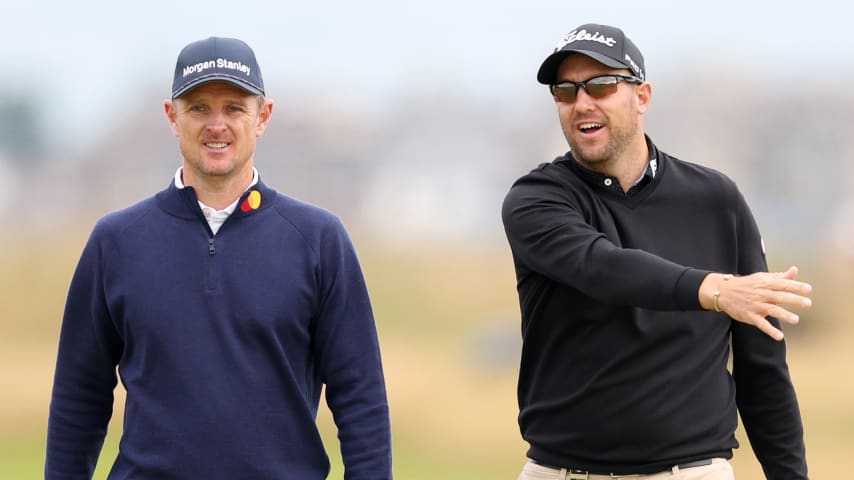 Justin Rose and Matthew Southgate walk on the second hole during a practice round prior to The 152nd Open Championship at Royal Troon. (Kevin C. Cox/Getty Images)