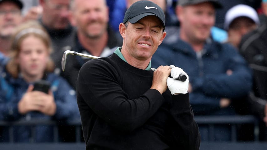 Rory McIlroy reacts on the 17th tee at Royal Troon. (Warren Little/Getty Images)
