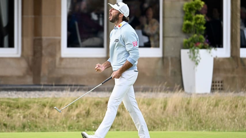 Max Homa drained a 28-foot birdie putt at the 18th hole on Friday to play the weekend. (Keyur Khamar/PGA TOUR)