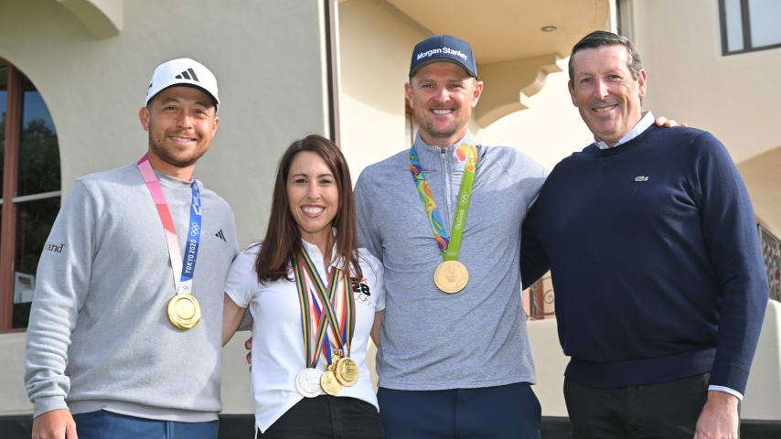 From left to right, Olympic gold medalists Xander Schauffele (left), Janet Evans, Justin Rose and Antony Scanlon. (Ben Jared/PGA TOUR)