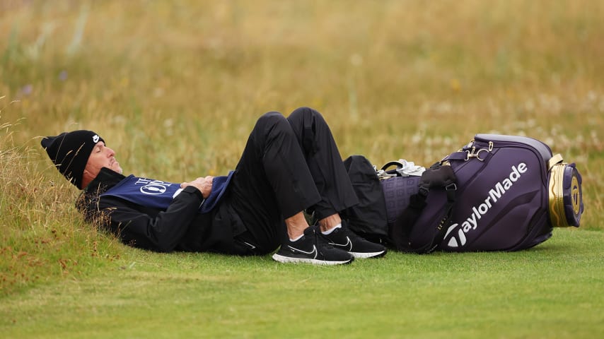 Ted Scott, caddie of Scottie Scheffler, waits on the fifth green at  The 152nd Open championship at Royal Troon. (Kevin C. Cox/Getty Images)