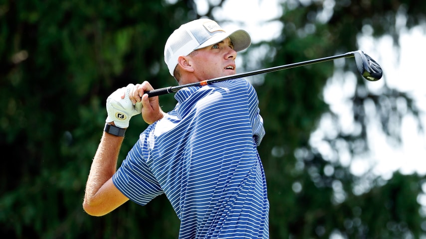 Mark Goetz plays his tee shot on the second hole during the third round of the Price Cutter Charity Championship presented by Dr Pepper. (David Berding/Getty Images)