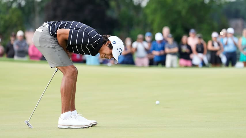 Charlie Woods competes in Monday's opening round of the U.S. Junior Amateur at Oakland Hills. (Raj Mehta/Getty Images)