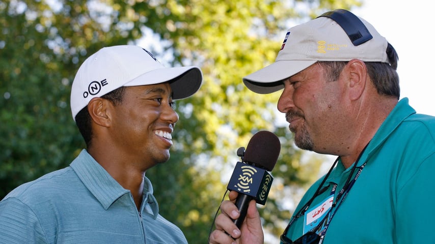 Mark Carnevale interviews Tiger Woods after the third round of the 2007 TOUR Championship at East Lake Golf Club in Atlanta, Georgia. (Caryn Levy/PGA TOUR)