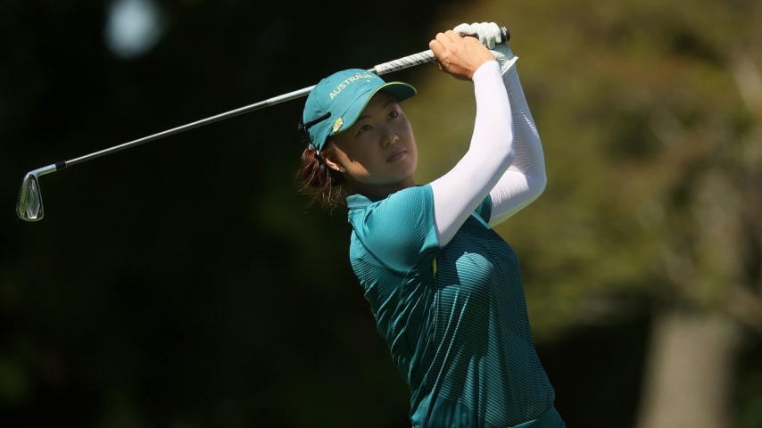 Minjee Lee of Team Australia plays her shot from the fourth tee during the second round of the Women's Individual Stroke Play on day thirteen of the Tokyo 2020 Olympic Game. (Mike Ehrmann/Getty Images)