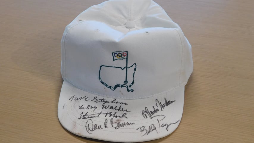 Signatures from Deane Beman, Charlie Mechem, LeRoy Walker, Stuart Bloch, Jack Stephens and Billy Payne on the Augusta National Golf Club logo with Olympic variation . (Courtesy Laury Livsey)