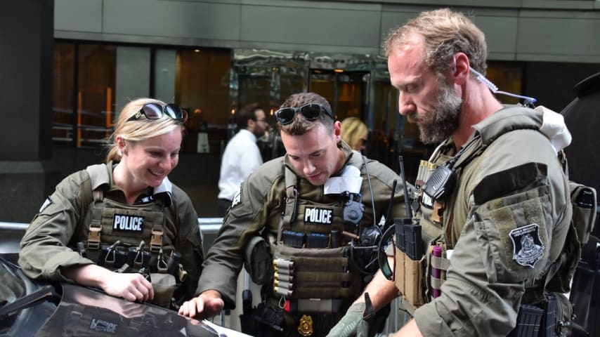 DSS Special Agent Dan Bair (center) and his Diplomatic Security Service Office of Mobile Security Deployments team plan their next move after providing security for the DSS motorcade carrying a foreign dignitary in New York City for the 74th UN General Assembly, Sept. 22, 2019. (U.S. Department of State photo)