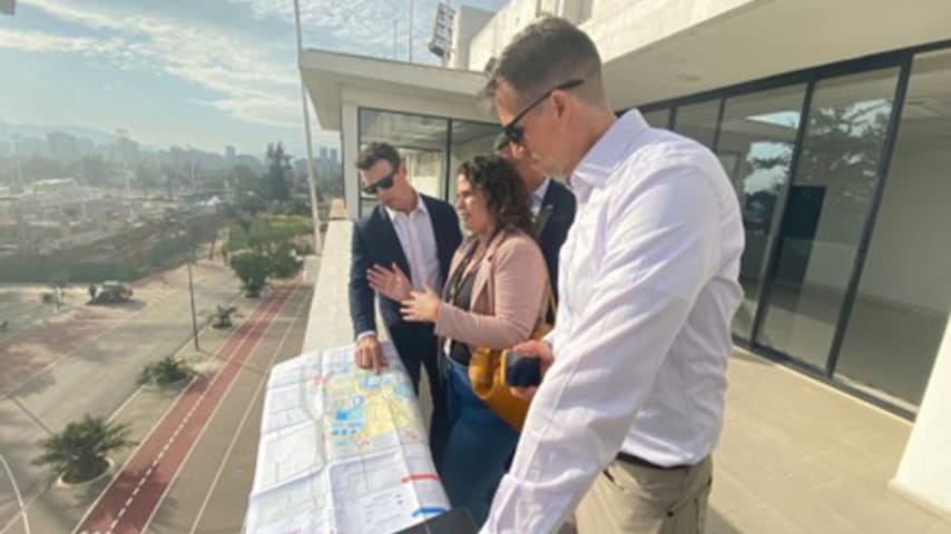 DSS Special Agent Dan Bair (in sunglasses) meets with Santiago 2023 organizers and Chilean security officials at the National Stadium to prepare for the Pan American Games in Santiago, Chile, June 8, 2023.  (U.S. Department of State photo) 