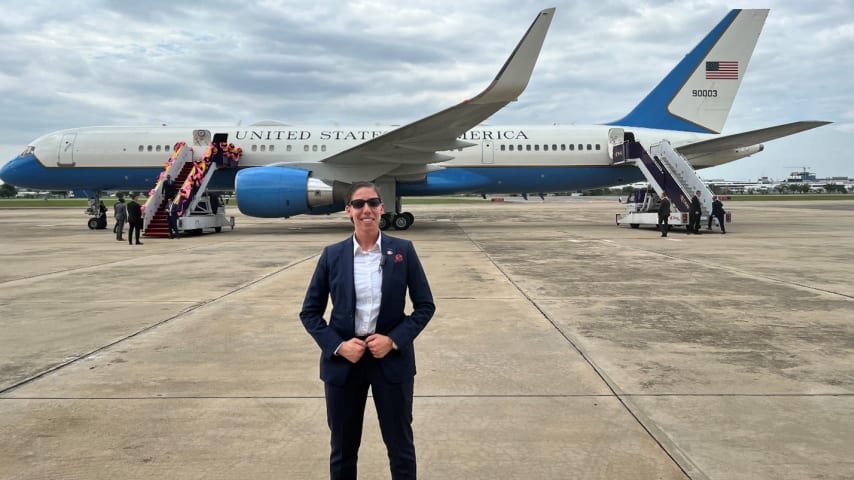 DSS Special Agent Amanda Salazar in front of Air Force 2, supporting the U.S. Delegation to the 2022 APEC Leader’s Summit. (Courtesy Amanda Salazar)