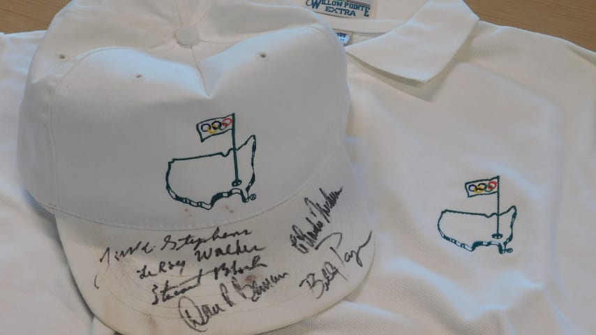 Signatures from Deane Beman, Charlie Mechem, LeRoy Walker, Stuart Bloch, Jack Stephens and Billy Payne on the Augusta National Golf Club logo with Olympic variation . (Courtesy Laury Livsey)