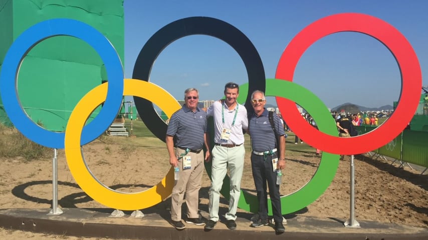 Gil Hanse poses in front of the Olympic Rings near the build site in Rio, Brazil. (Courtesy Michael Johnson)