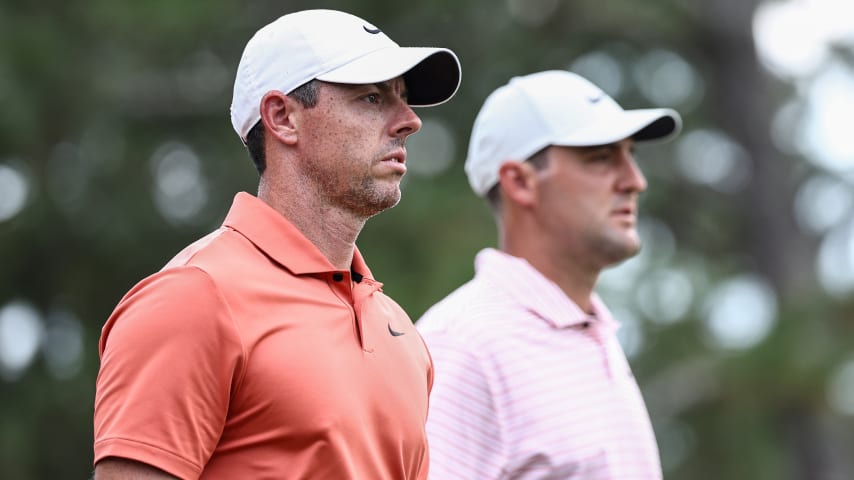 Rory McIlroy and Scottie Scheffler walk off the ninth tee during the first round of the 124th U.S. Open at Pinehurst Resort on June 13, 2024, in Pinehurst, North Carolina. (Jared C. Tilton/Getty Images)