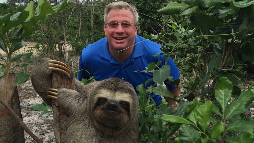 Michael Johnson poses with a local sloth near the build site in Rio, Brazil. (Courtesy Michael Johnson)