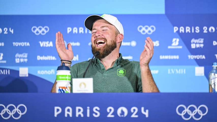 Shane Lowry of Team Ireland laughs at a press conference ahead of the 2024 men's Olympic golf competition at Le Golf National. (Keyur Khamar/PGA TOUR)