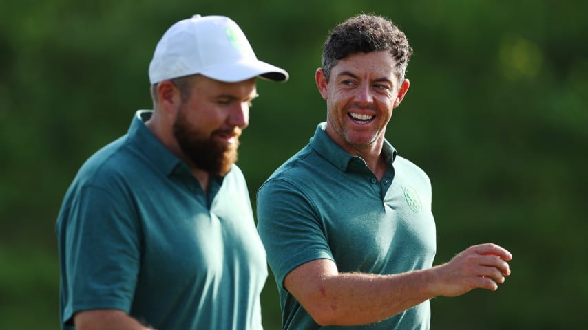 Shane Lowry and Rory McIlroy of Team Ireland at a practice round of the 2024 men's Olympic golf competition at Le Golf National. (Andrew Redington/Getty Images)