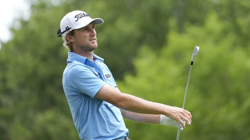 DETROIT, MICHIGAN - JUNE 28: Will Zalatoris of the United States watches his shot from the ninth tee during the second round of the Rocket Mortgage Classic at Detroit Golf Club on June 28, 2024 in Detroit, Michigan. (Photo by Raj Mehta/Getty Images)