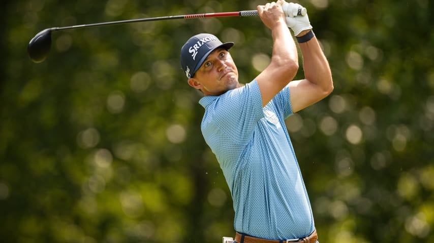 JACKSON, NEW JERSEY - AUGUST 16: Max McGreevy of the United States plays his shot from the 14th hole during the second round of the Magnit Championship presented by Woodhouse at Metedeconk National Golf Club on August 16, 2024 in Jackson, New Jersey. (Photo by Brennan Asplen/Getty Images)