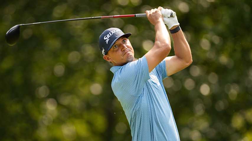 JACKSON, NEW JERSEY - AUGUST 16: Max McGreevy of the United States plays his shot from the 14th hole during the second round of the Magnit Championship presented by Woodhouse at Metedeconk National Golf Club on August 16, 2024 in Jackson, New Jersey. (Photo by Brennan Asplen/Getty Images)
