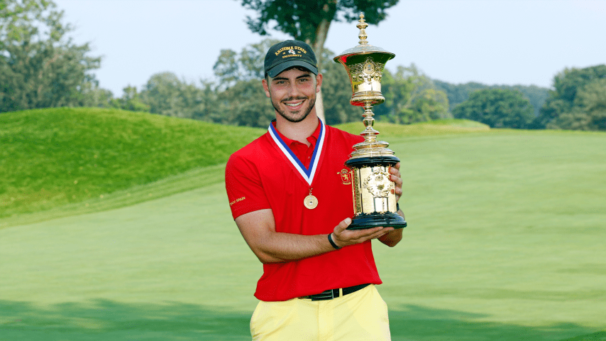 Jose Luis Ballester of Spain poses with the trophy after the 36-Hole Championship Match of the U.S. Amateur Championship at Hazeltine National Golf Club on August 18, 2024 in Chaska, Minnesota. (David Berding/Getty Images)