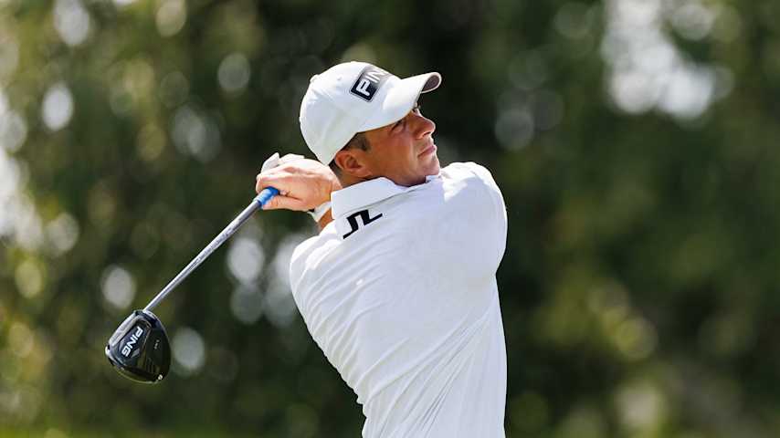 MEMPHIS, TENNESSEE - AUGUST 18: Viktor Hovland of Norway plays his shot on the 9th tee during the final round of the FedEx St. Jude Championship at TPC Southwind on August 18, 2024 in Memphis, Tennessee. (Photo by James Gilbert/PGA TOUR via Getty Images)