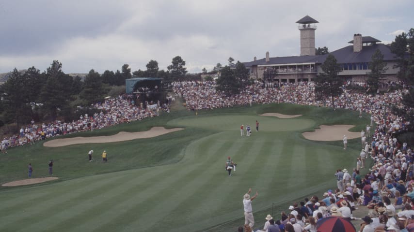 A photo from the PGA TOUR archives of hole No. 18 at Castle Pines. (Sam Greenwood/PGA TOUR)