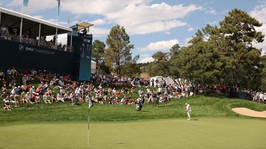 Rory McIlroy chips onto the 17th green during the first round of the BMW Championship at Castle Pines Golf Club. (Christian Petersen/Getty Images)